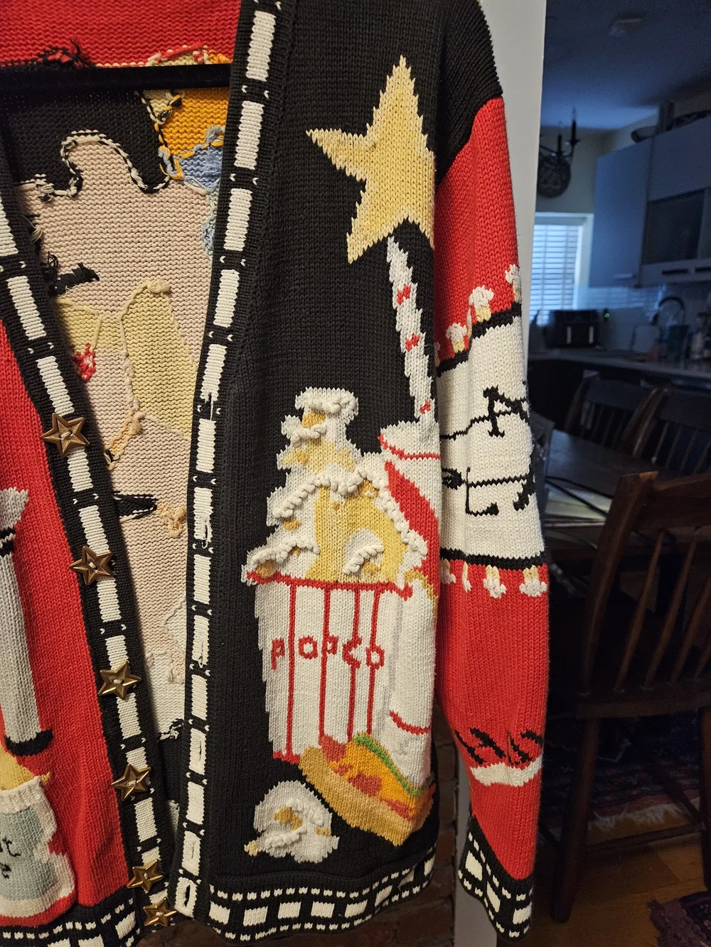 Oscar Themed Red and Black Novelty Knit Sweater Cardigan
